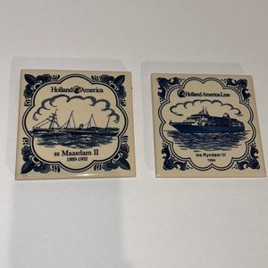 2 Pc HOLLAND AMERICA China Porcelain Drink Coasters Maasdam II Ryndam III